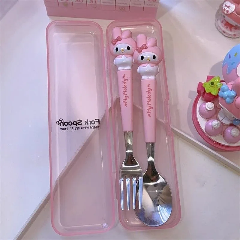 New Sanrio Hello Kitty Kuromi My Melody Cinnamoroll Purin Cute Spoon and Fork Student Independent Tableware Cartoon Storage Box