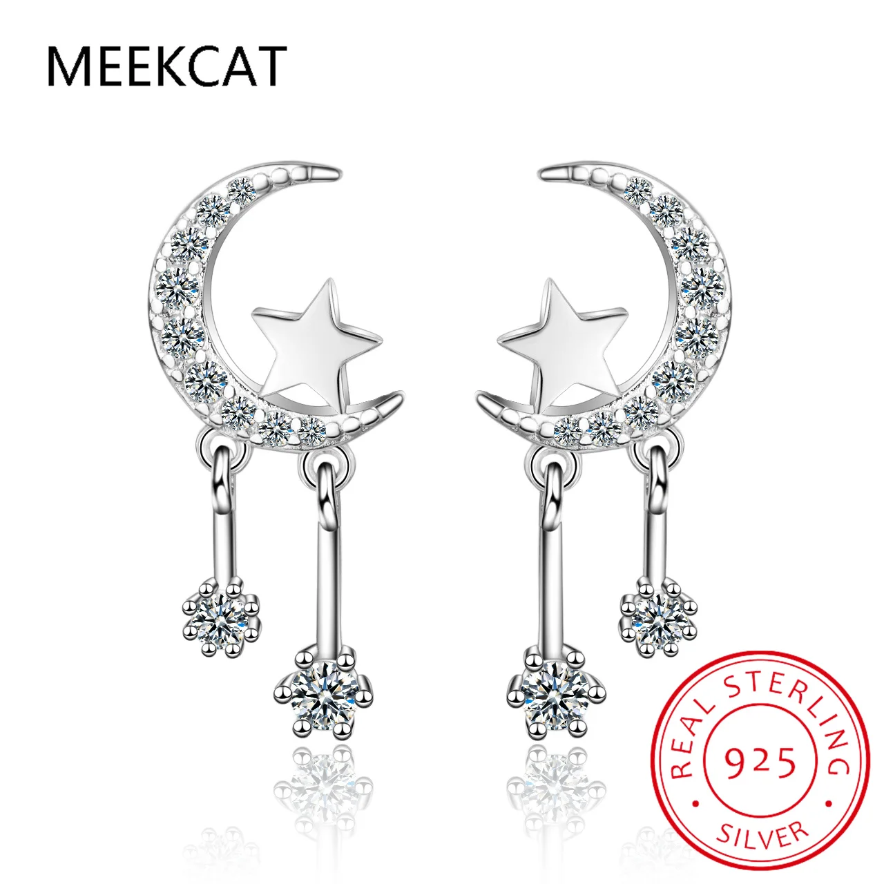 Real 925 Sterling Silver Tassels Zircon Moon Star Stud Earrings Brincos de Prata For Women Cute Fine Jewelry Drop shipping