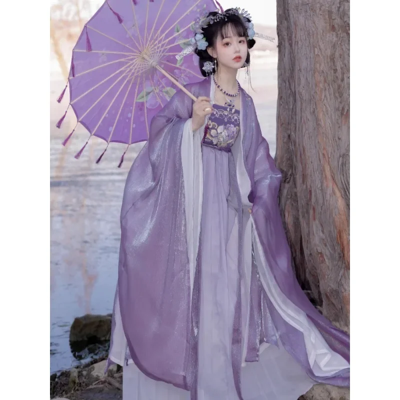 2024 Vintage Paarse Fee Cosplay Jurk Chinese Traditionele Dameskleding Tang-dynastie Bloemen Geborduurde Hanfu Jurk Pak