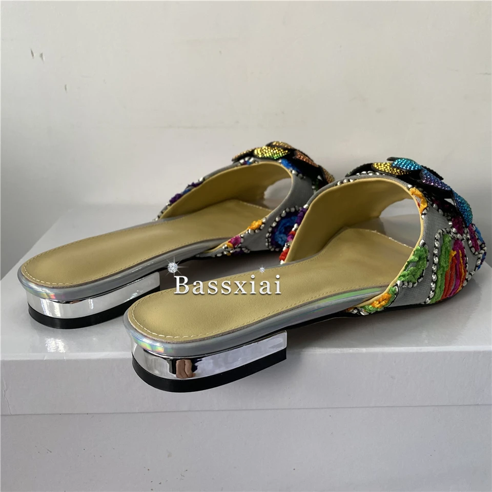 Embroidery Air Mesh Flat Heel Slippers Women Colorful Diamond Rhinestone Flower Decor Slim Summer Mules For Girls