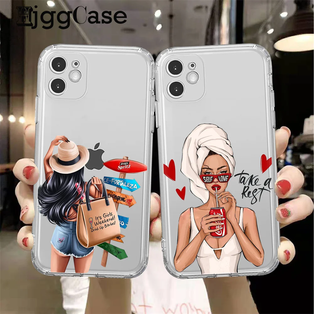 Beautiful Girl Clear Case For iPhone 15 14 13 11 12 Pro Max Mini 7 8Plus X S XR SE Fashion Girl Woman Silicone Phone Cover Funda