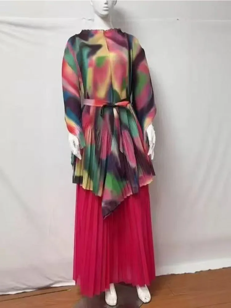 2025 مياكي مطوي طباعة جديدة غير النظامية قطعتين مجموعة حزام فضفاض المرأة تنورة مجموعة الخريف جديد