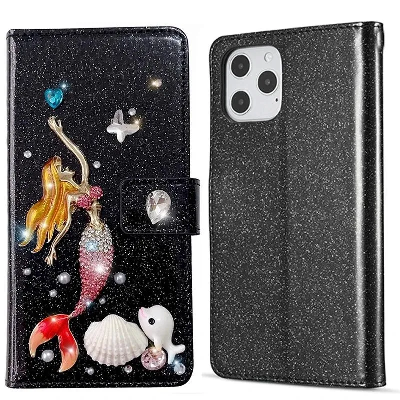 Fashion Bling Diamond Sea Shell Mermaid Flip Wallet Glitter Leather Case Cover For Iphone 16 15 14 13 12 11 Pro Mini Max Plus