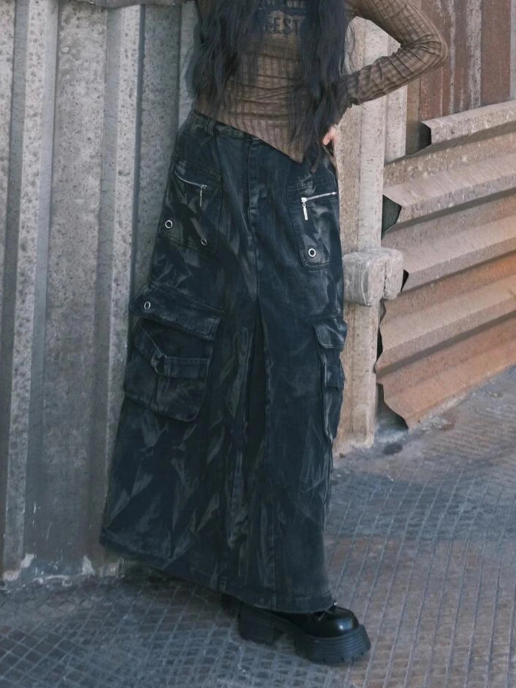 ReddaChic Black Distressed Cargo Jean Skirt Women Vintage High Rise A-line Multi-pocket Maxi Denim Skirt Harajuku Streetwear