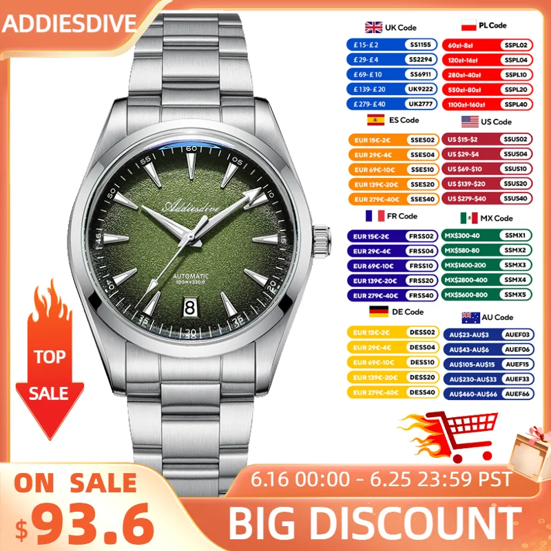

ADDIESDIVE New Automatic Watch Men NH35 Mechanical AR Coated Domed Glass Waterproof 100m Luminous Stainless Steel 39mm Watch