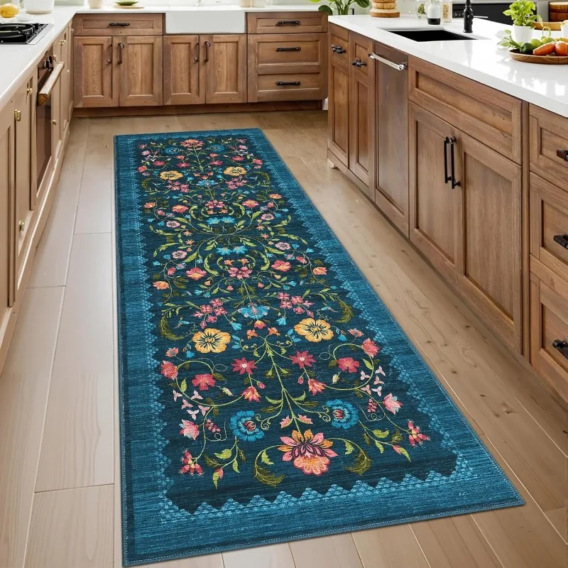 

Retro Runner Rug Nordic Style Floral Print Kitchen Carpet Stylish Light Luxury Machine Washable Non-slip Bedside Mat Alfombra 러그