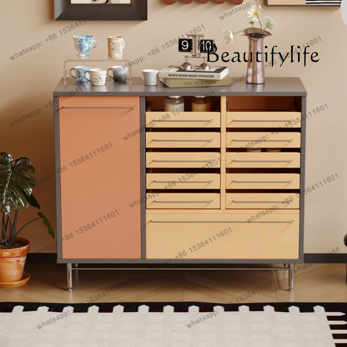 

Medieval style living room dining side cabinet storage cabinet paint contrasting color drawer porch side cabinet bedroom