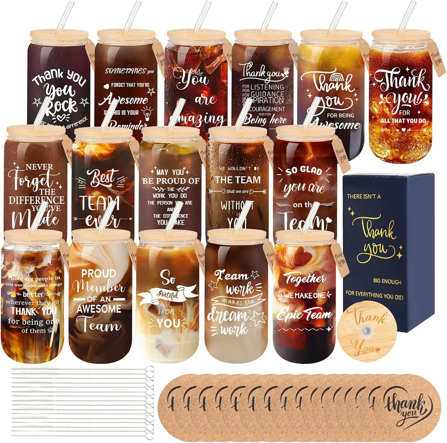 

Набор из 16 стеклянных стаканов с крышками, трубочками и аксессуарами — идеальный подарок для сотрудников