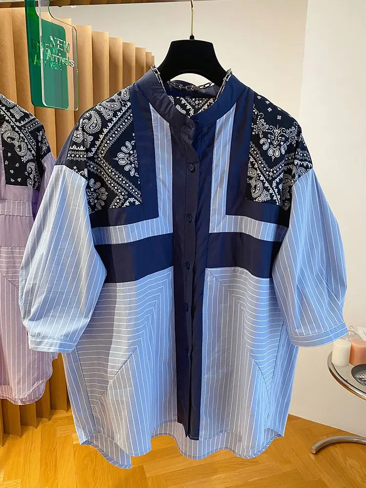 

2024 new loose retro ethnic printed blue striped shirt for women, short sleeved slightly top blusa feminina blusas femininas