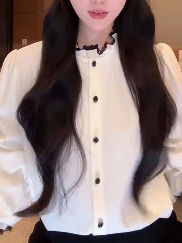 

Retro Style Long Sleeve Lace Trim Stand Collar Shirt Color Block Fashionable Spring New Arrival Women's Loose Fit Shirt