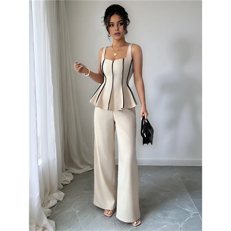 CYL-レディースカジュアルビジネスサマー2ピーススーツスリムフィットエレガントベスト＆ワイドレッグパンツスーツ