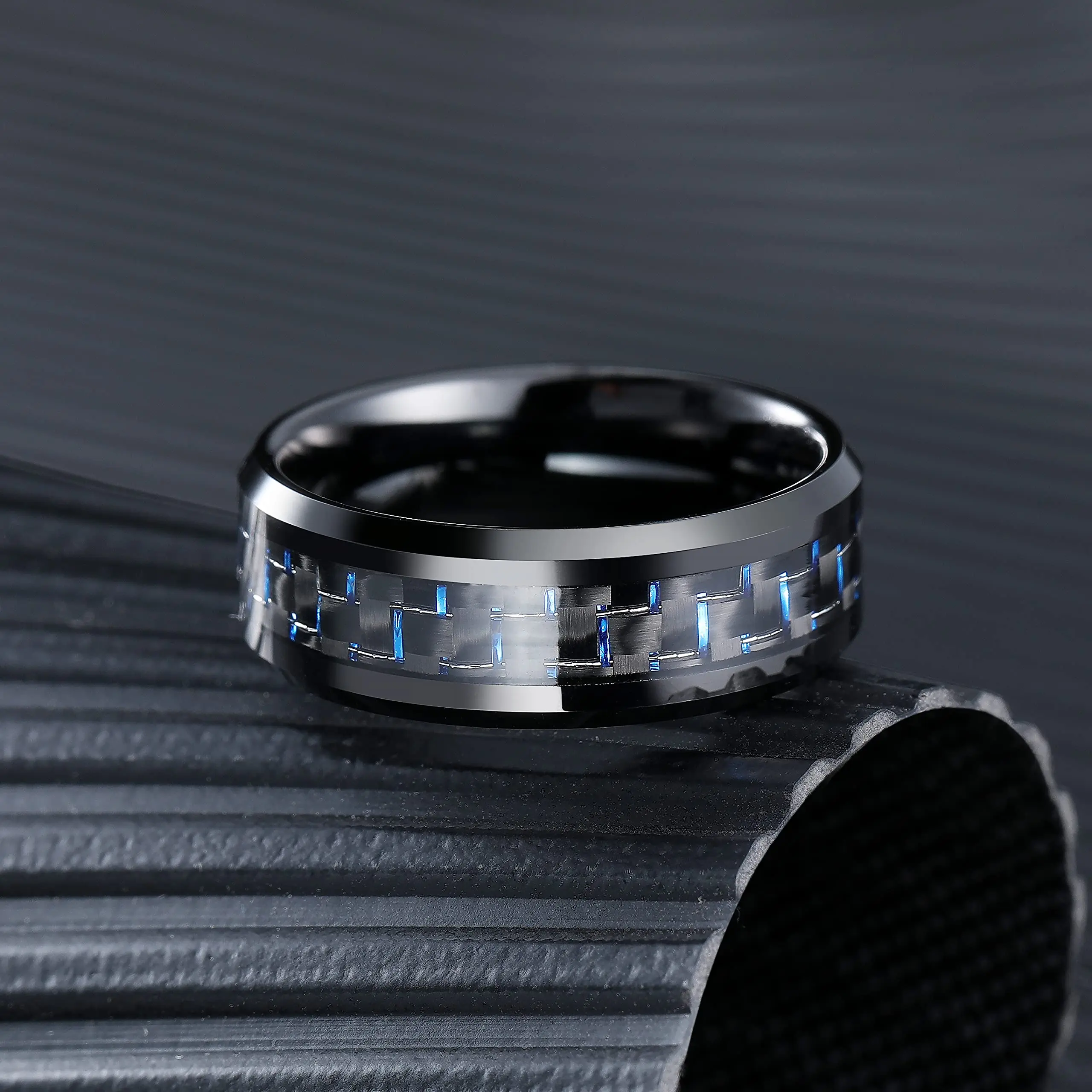 Anneau homme acier rainure couleur bleue - Bague Moderne et Originale