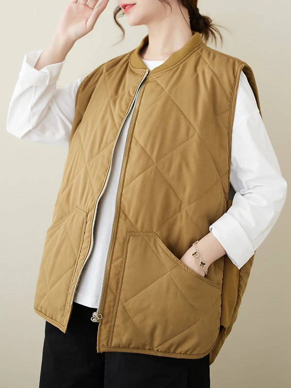 

Зимний универсальный повседневный хлопковый жилет в стиле ретро, женский теплый стеганый жакет с ромбовидным узором, круглая молния Ne Pure...