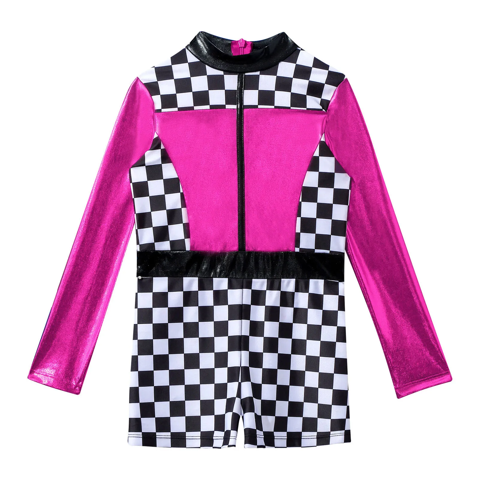 Girls Race Car Racer Jumpsuit Halloween Carnival Theme Party Cosplay Costume Long Sleeve Checkerboard Print Zipper Bodysuit