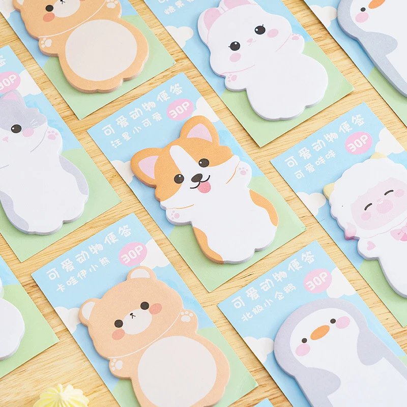 Especial-Shaped Animais Memo Pad, Sticky Notes, Caderno bonito, Papelaria Kawaii Cartoon, Material Escolar, Tendência Adorável, 30pcs