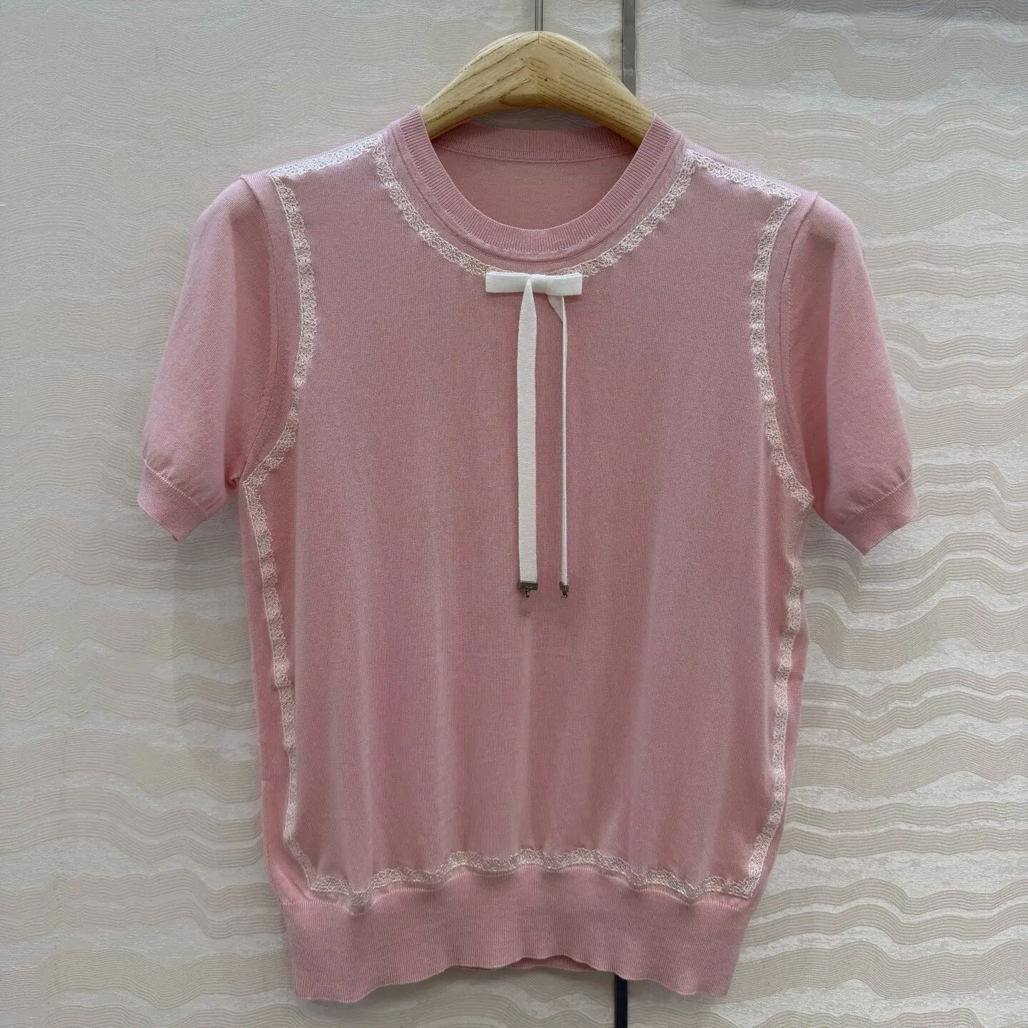Women's Loose Fit Mulberry Silk Knit Short Sleeve Top, Embroidered Tie Bow Neckline