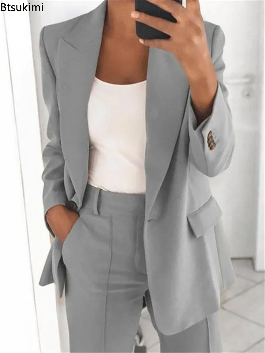 2024Women\'s Solid Blazers Jacket and Pants Sets 2PCS Slim Fit Formal Office Ladies Elegant Clothing Set Two Pieces Oversized 5XL