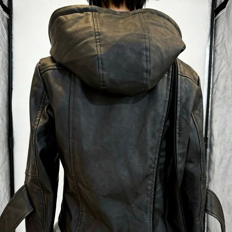 HKSH شتاء جديد إمرأة معطف دافئ مقنعين واحدة الصدر بولي Leather الجلود المرقعة فو الفراء غير المتماثلة الشارع الشهير سترات سميكة HK15950