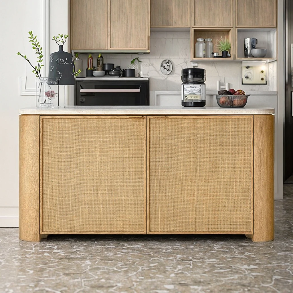 Modern Luxury Double-Door Sideboard and Travertine Top with Woven Cane Panels Solid Wood Dining Room Furniture