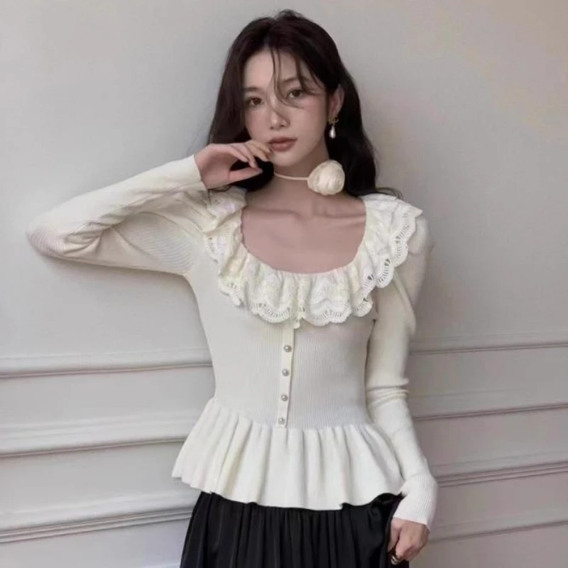 Pullovers Women Vintage Ruffles Square Collar Spring Autumn Chic Knit Sweaters Tender French Style Femininie Aesthetic Clothes