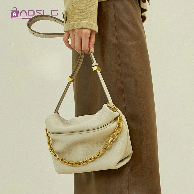 

New Womens Real Leather Ruched Cloud Bag Fashion Chain Compact Elegant Cowhide Crossbody Shoulder Bags Foreign Style Female