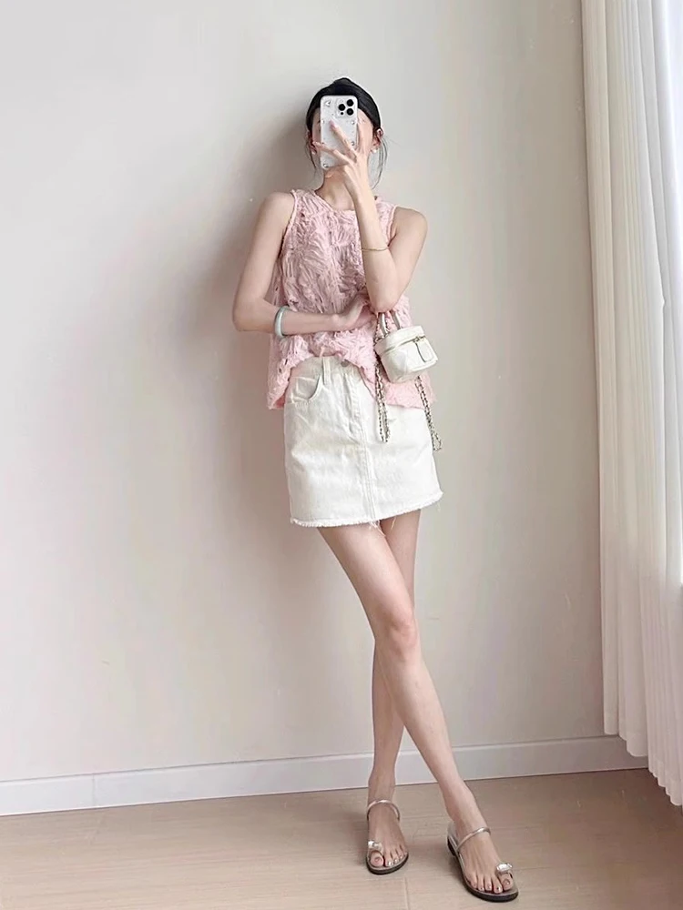 

Новый летний шикарный жилет с кисточками, тяжелый лоскутный джинсовый комплект с юбкой с высокой талией, женский костюм из двух предметов Faion Princ Sle