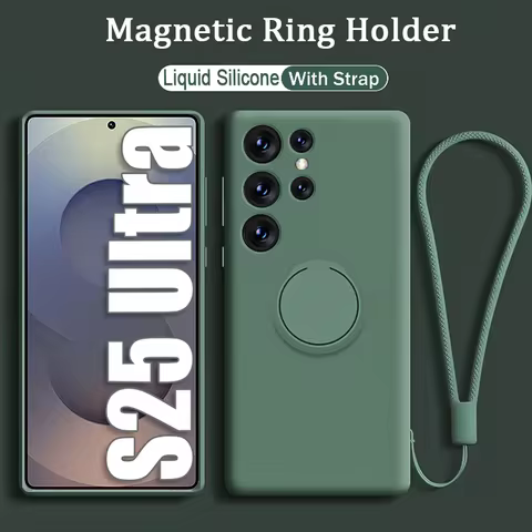 Liquid Silicone Case For Samsung S25 Ultra S24 S23 Plus S22 S21 S20 S24 FE Note 20 Ultra 10 Ring Holder Phone Cover With Strap