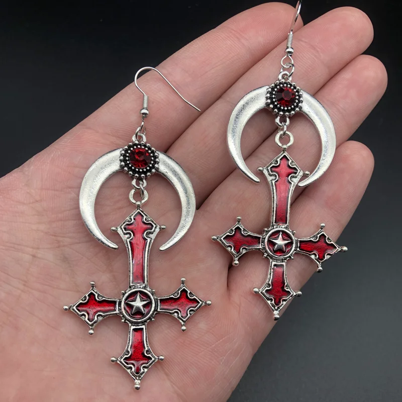 European and American Gothic Retro Blood Cross Moon Pendant Earrings Aesthetic Alt Goth egirl Accessories Jewelry