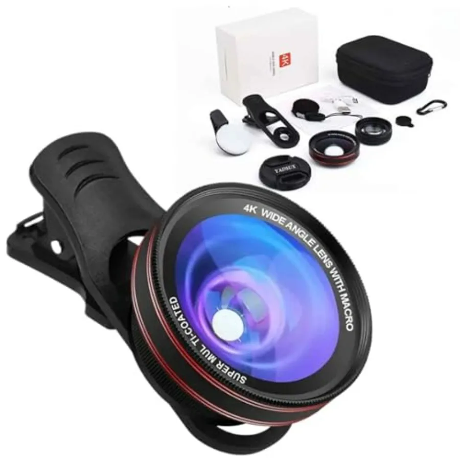 

4K HD 0.45X Wide Angle Lens + 15X Macro Lens for iPhone S with Mini Selfie Ring Light Quick Clip Release Strap Cleaning Cloth T