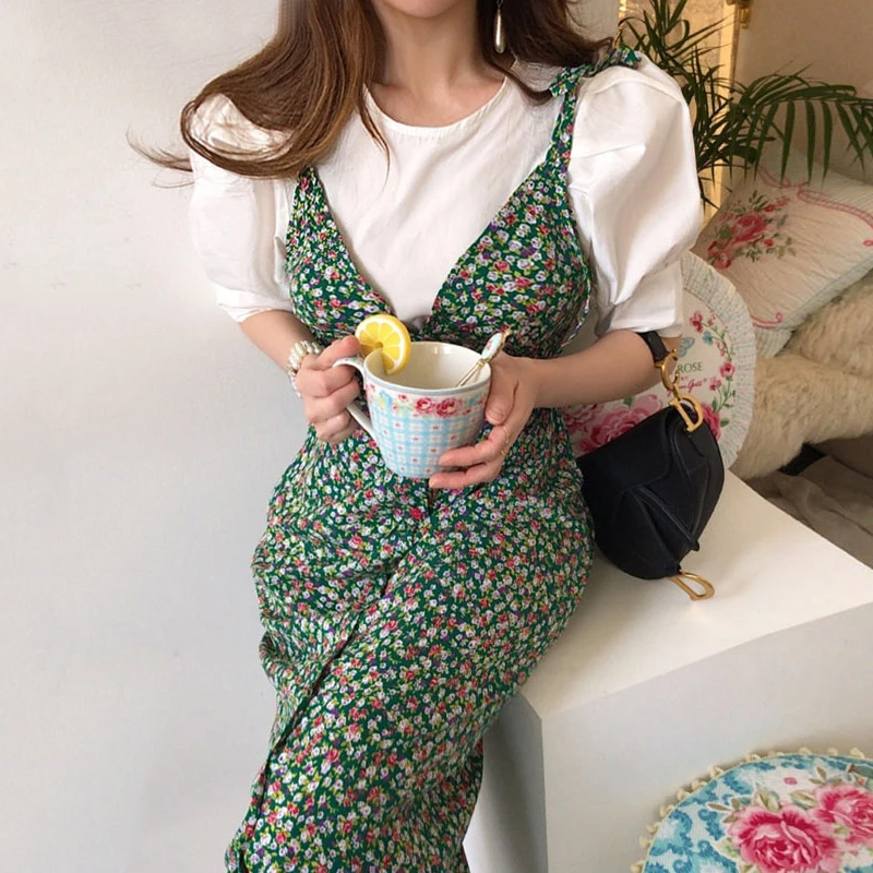 

Chic Spring Versatile Loose Bubble Sve irt round Ne Women's Dr Floral Print Long Slim Fit Gown Faionable Ensemble
