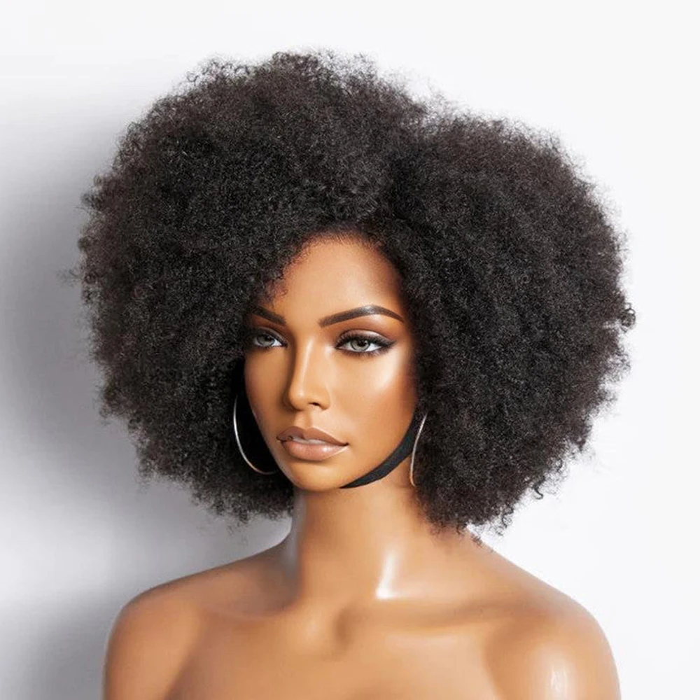 Idoli Hair Side Part Afro Curly Bouncy No Glue Minimalist Lace Wig 100% Human Hair Natural Black Color Bob Wig Human Hair