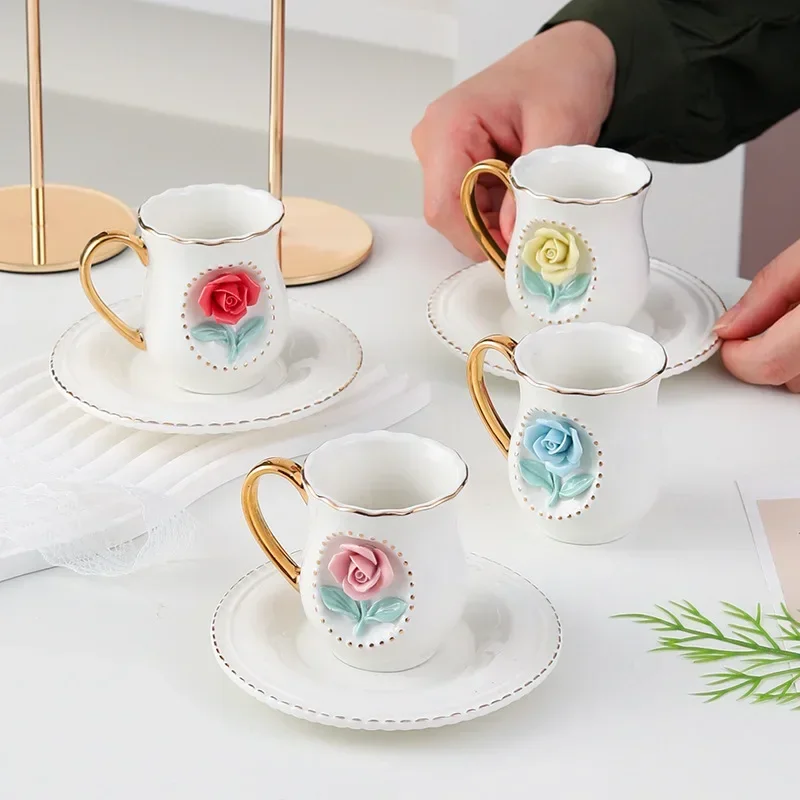 

Ceramic Hand-squeezed Rose Coffee Cup Saucer Gold-painted Coffee Cup Espresso Coffee Cups Saucer Black Tea Cups Saucer