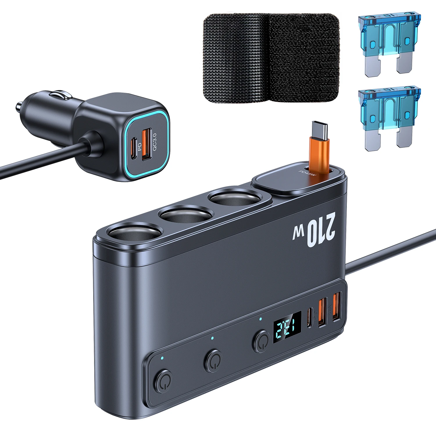 9 in 1 sigarettenaansteker splitter 228W USB C autolader adapter QC3.0 met PD45W telescopische kabel LED-spanningsweergave 12V / 24V