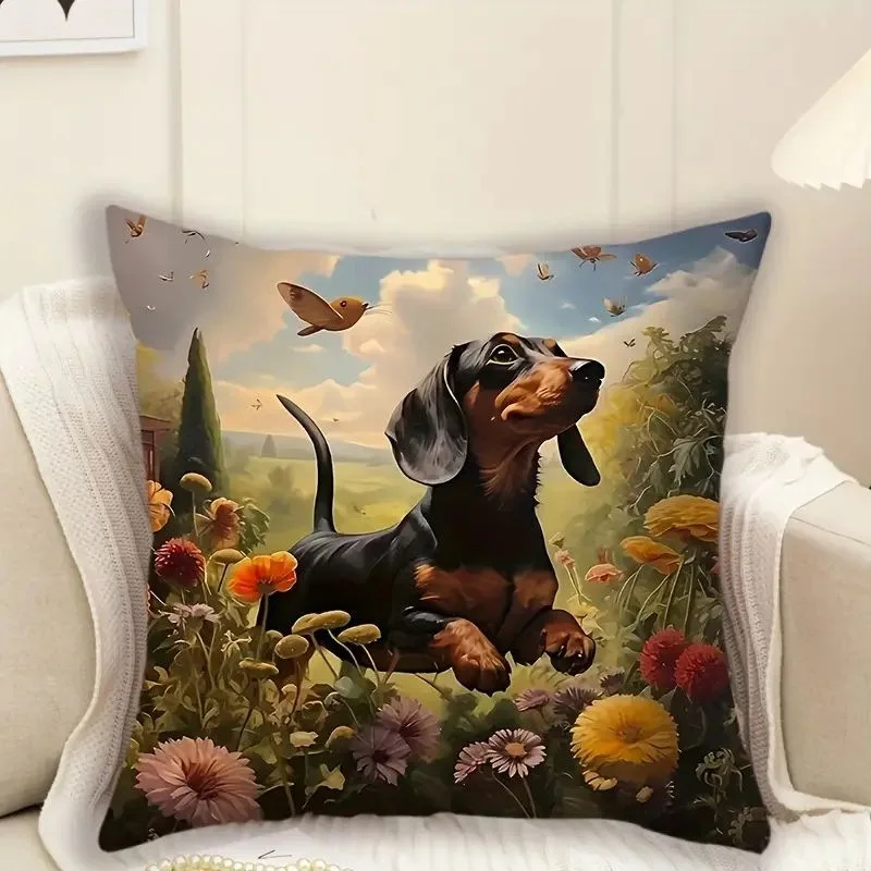 Hot Sale Cute Dog Pillow Cover Golden Floral Print Sofa Cushion Cover Home Decor