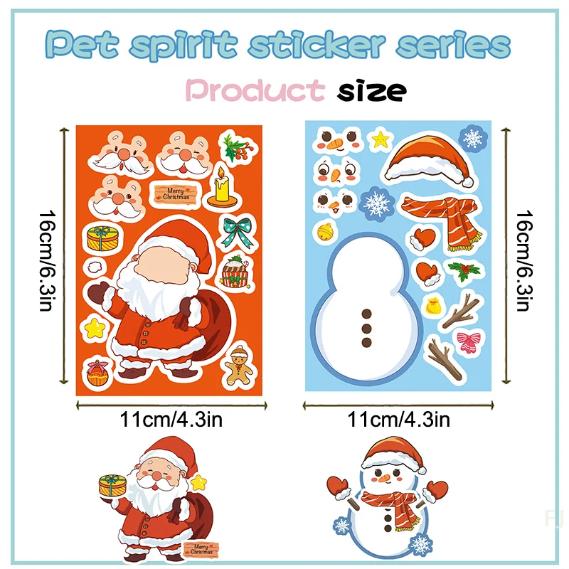 [YU]16pcs Christmas Puzzle Stickers Make A Face Santa Claus DIY Waterproof Kids Jigsaw Games Sticker Children Party Decor Toy
