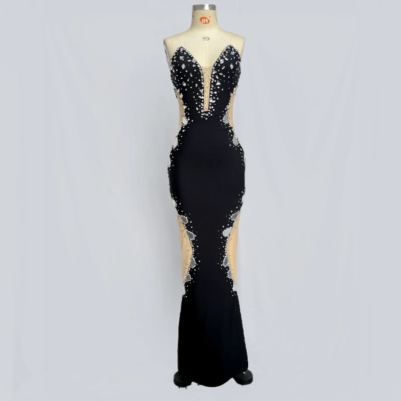 Factory Wholesale Women\'s 2024 Black Strapless Diamond Mesh Yarn Sexy Celebrity Cocktail Party Bandage Long Dress