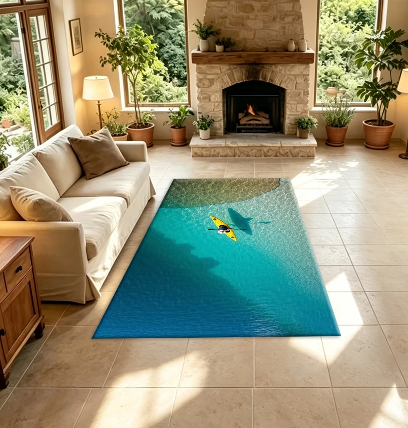 Aerial View of Yellow Kayak, Crystal-Clear Ocean Water Carpet, Tropical Ocean Natural Landscape Floor Carpet Suitable for Home Room Decoration
