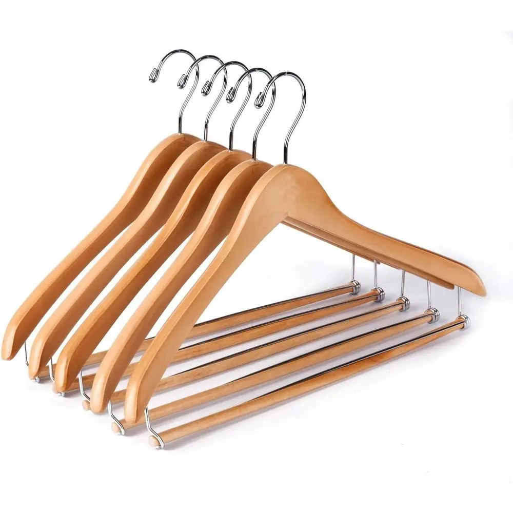 Stylish and Durable Wooden Suit Coat Hangers with Locking Bar, Glossy Natural Finish (Set of 5)