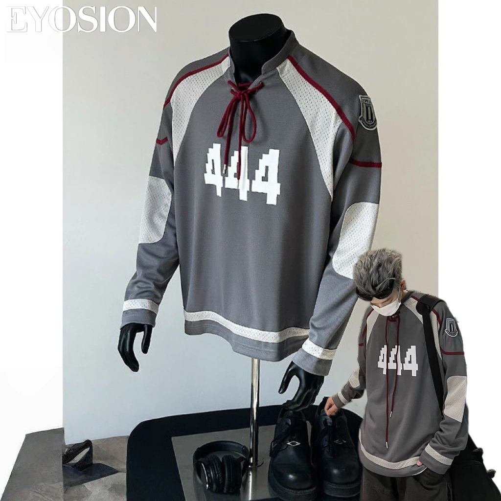 

American Hip-hop Loose Long-sleeved Vintage T-shirt Lace-up Patchwork Shirt Contrasting Drawstring Pullover for Men Women Tops