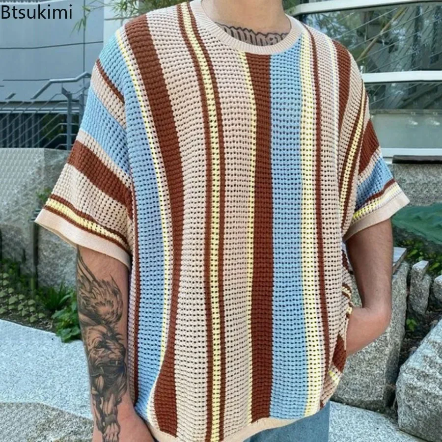 2024 New Men\'s Short Sleeve Knitwear Summer Round-neck Striped Contrast Color Knit Tops Men Fashion Casual T-shirts Streetwear