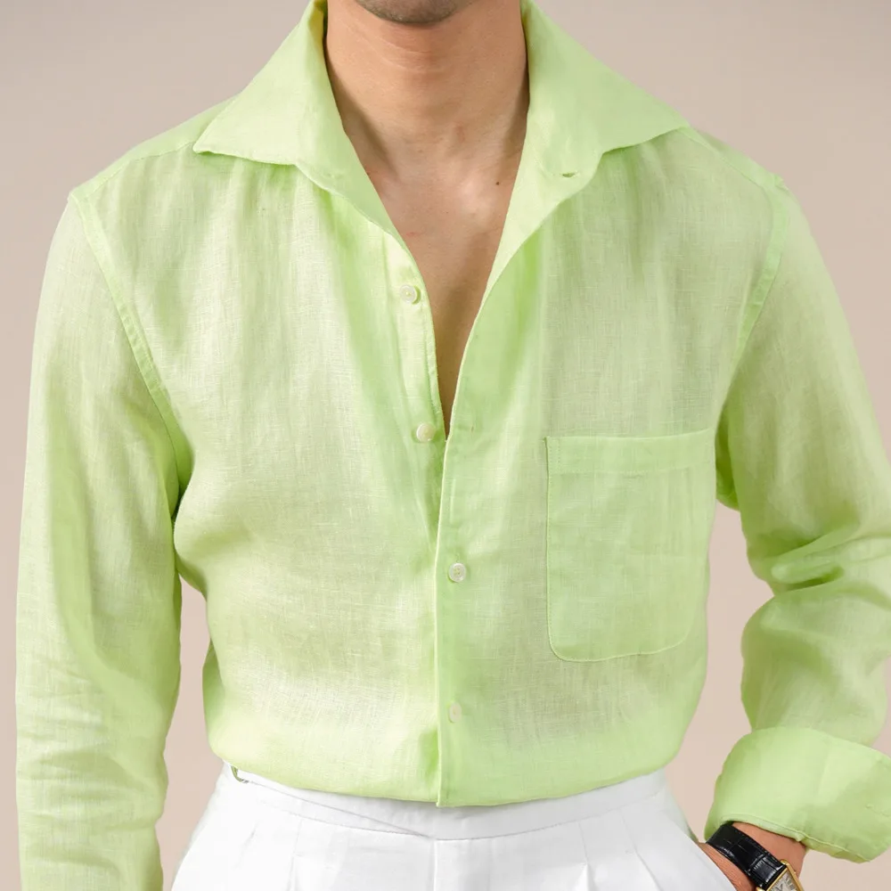Spring And Autumn Camisa Social Masculina Italian Style Pure Linen Breathable Shirt Men's Casual Business Solid Color Commuting