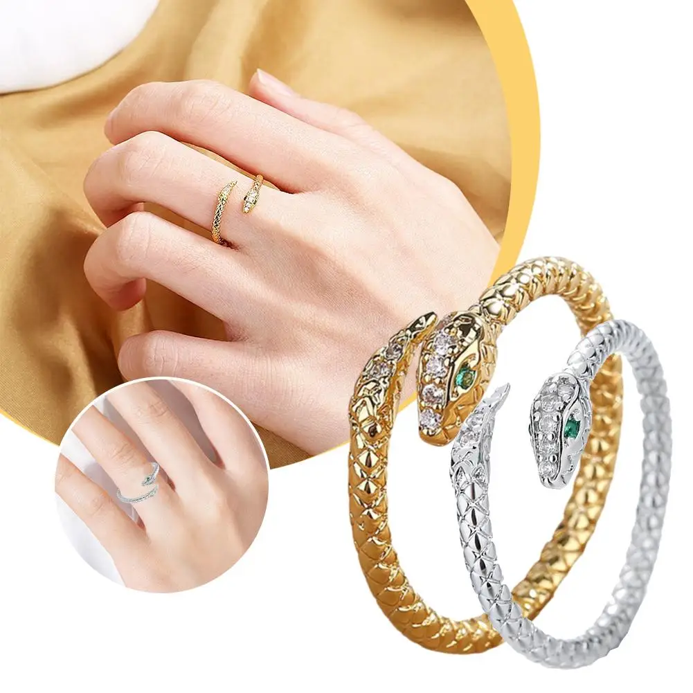 Stainless Steel Snake Rings For Women Men Gold Color Open Adjustable Zircon Vintage Gothic Aesthetic Jewelry V9m4