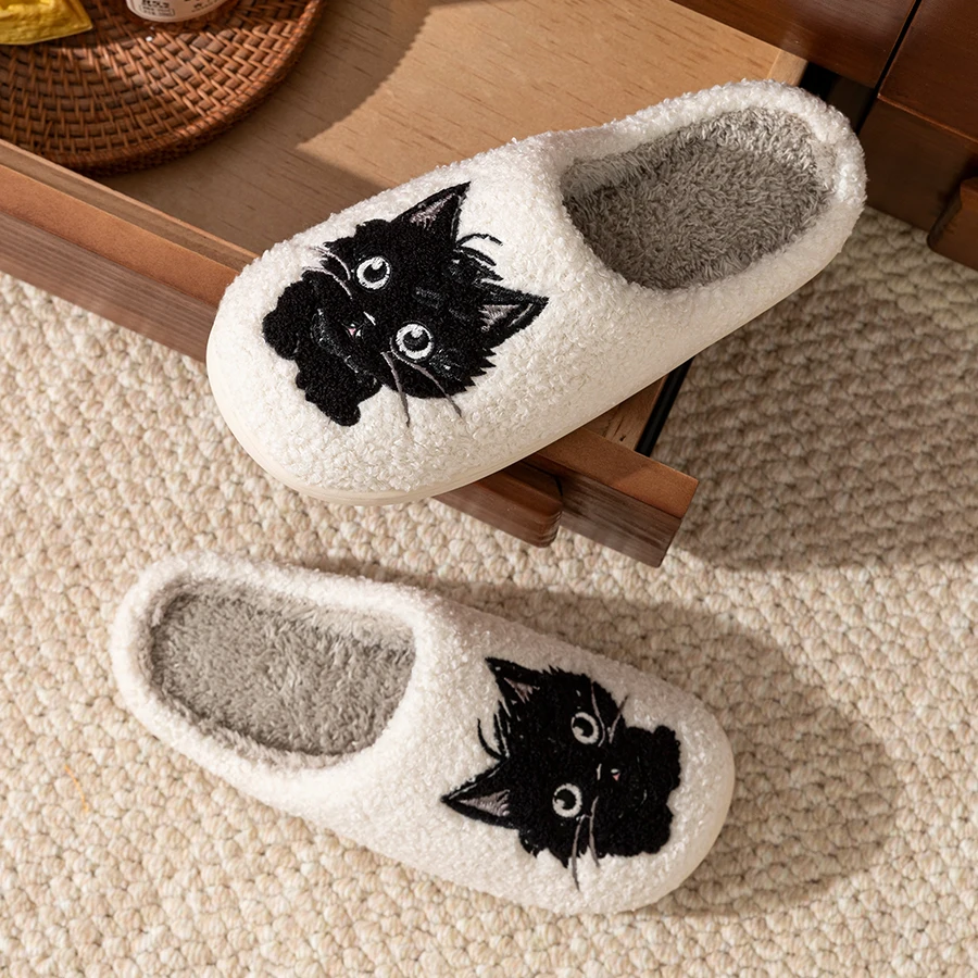 Winter Women\'s Slippers Indoor Cartoon Black Cat Cute Girls Slipper Bedroom Anti-slip Soft Sole Comfortable Cotton Homeshoes