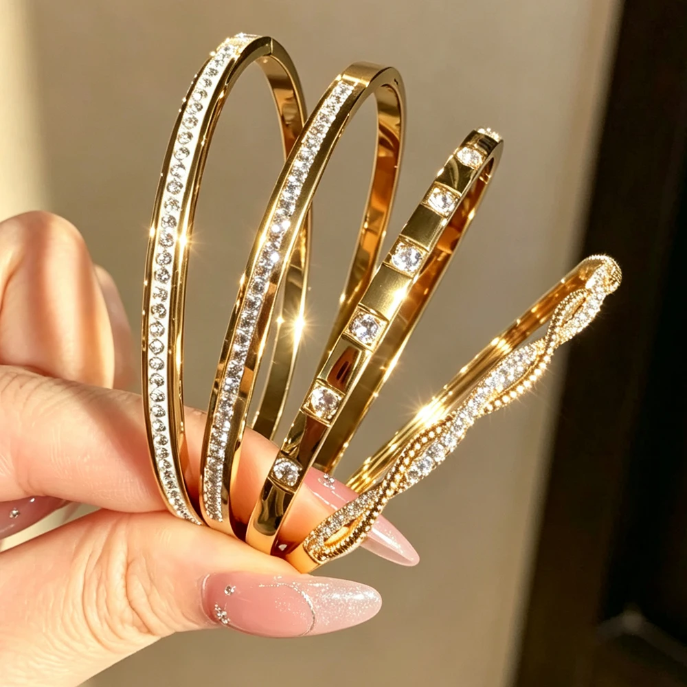 Yupsk 8-teiliges Set aus Edelstahl-Armbändern und -Ringen für Damen, exquisiter, glänzender Schmuck mit Zirkonia-Einlagen, geeignet für den täglichen Gebrauch. – Detail 4
