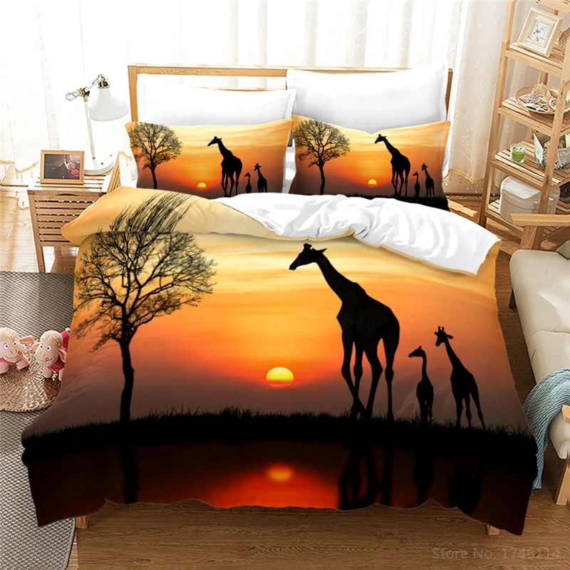 Giraffe Animal 3D Bedding Set Tree & Sun Print Comforter Cover with Pillowcase Set Duvet Cover Set Bedclothes for Bedroom Deocr