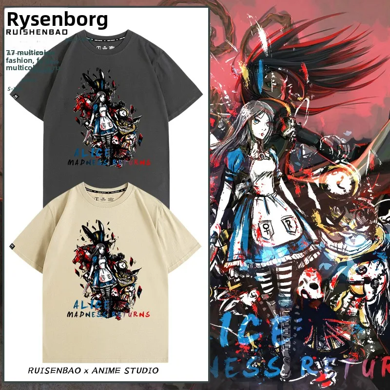 

Alice Mad Hatter Summer T-irt Men's Cotton Knitted ort Sve Loose Fit Cartoon Print round Ne Casual Top for Teens