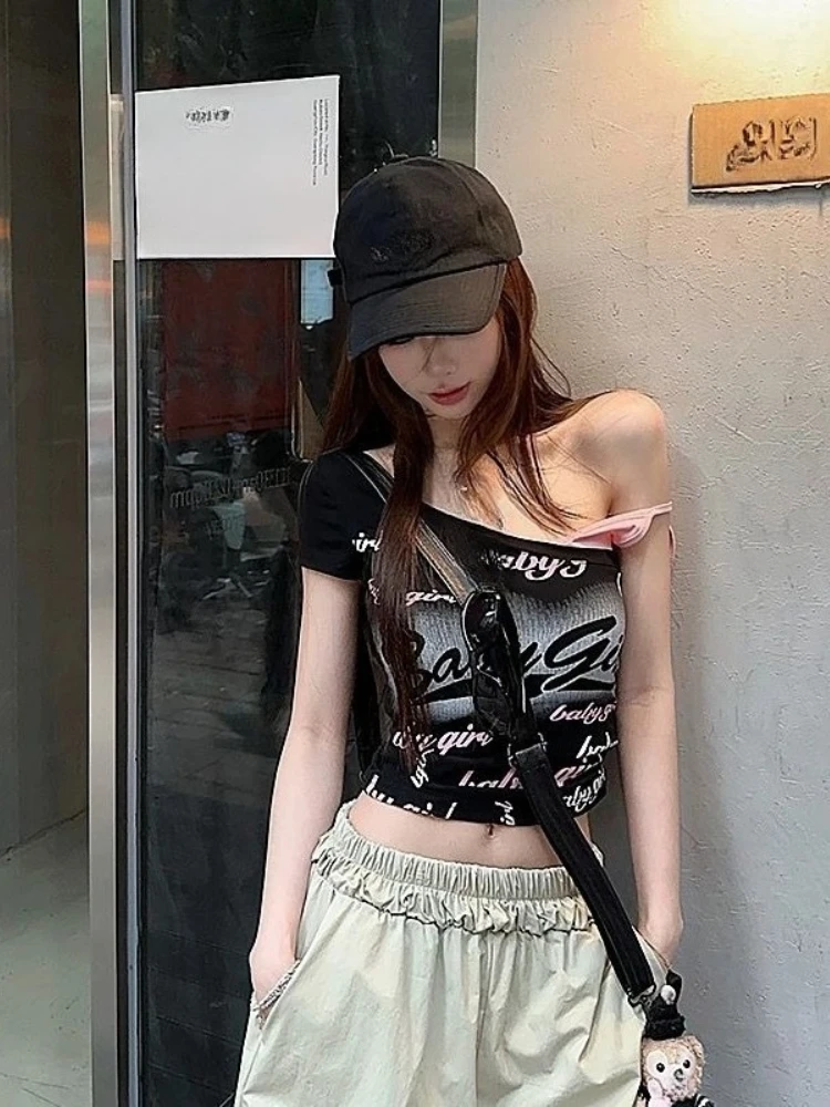 

Summer Y2k Women Casual Sexy Tees Elegant Sweet Short Sleeve Korean Fashion Clothing 2000s American Vintage Harajuku Gothic Chic