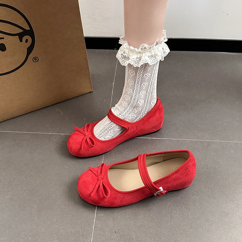 

2026 Spring New Style Dot Bow Button-Up High-Heeled Flattish Toe Single Shoes