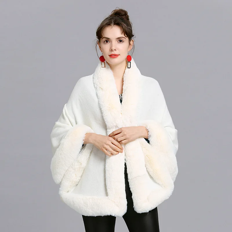 

10 Colors Big Pendulum Shawl Faux Cashmere Warm Out Wedding Wraps Cloak Winter Women Faux Fox Fur Collar Poncho Cape Overcoat