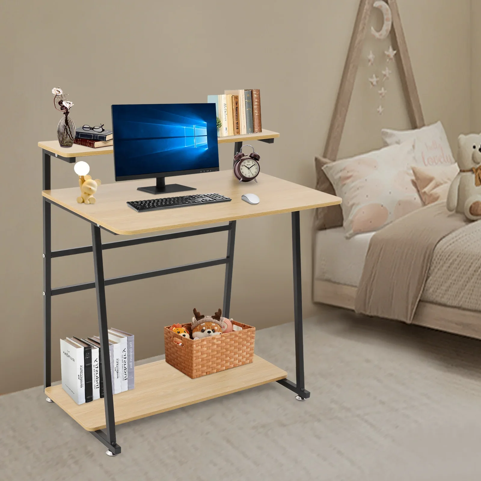 

3-Tier Rolling Home Office Desk - Compact Computer Desk with Wheels for Small Spaces Table for Bedroom, Black & Log Color